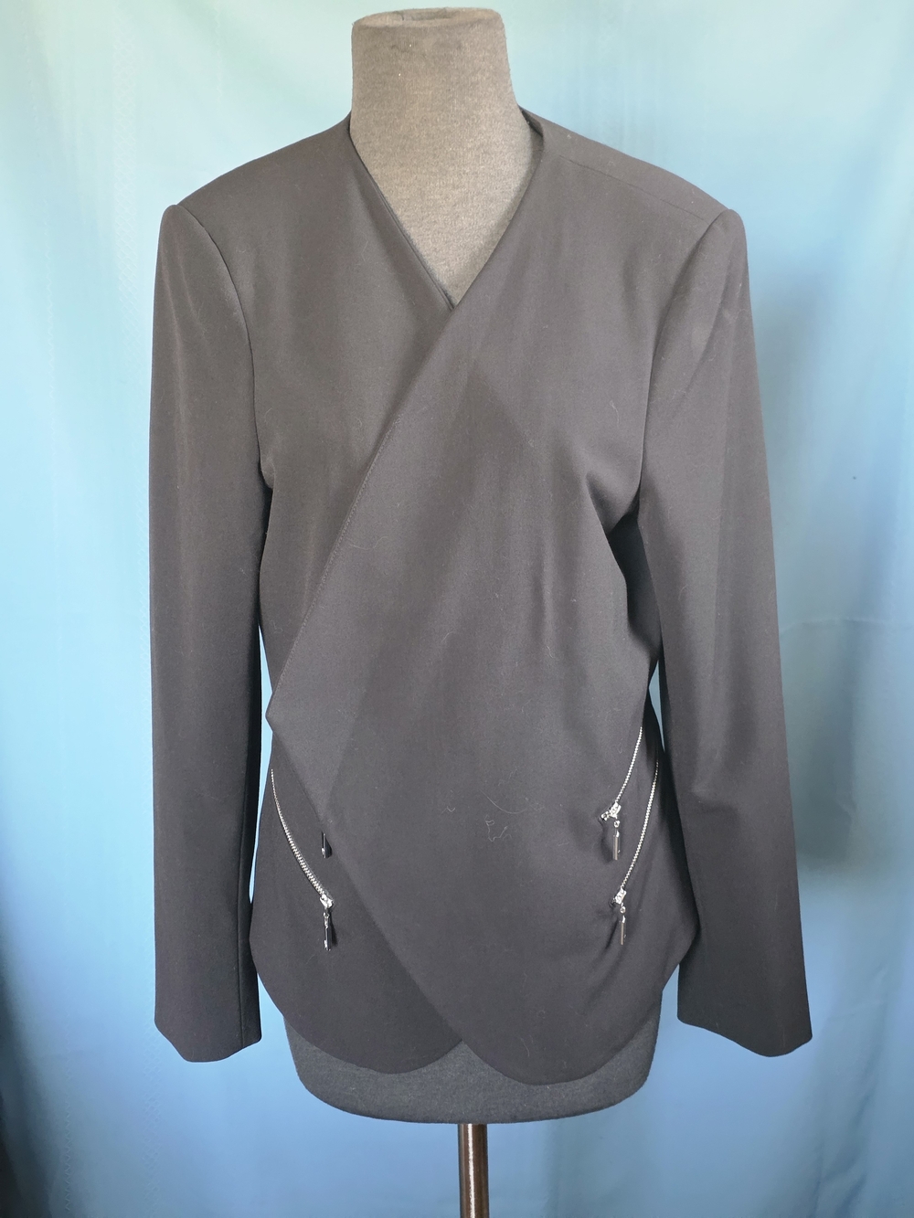 Vince Camuto Black Collarless Asymmetrical Zipper Wrap Jacket Size 14